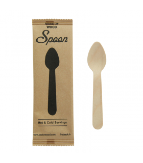 Cuillère café bois, emballage papier kraft  /  Wooden coffee spoon, kraft wrap  H110mm - 500Pcs