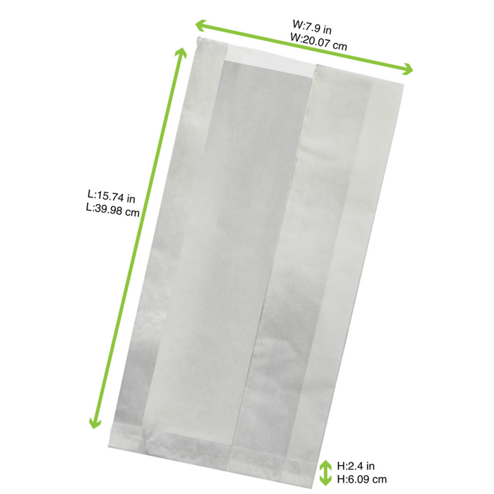 Sac sandwich blanc ingraissable en papier kraft à fenêtre cristal et 4 cm de soufflet 200x60mm H400mm-1000Pcs
