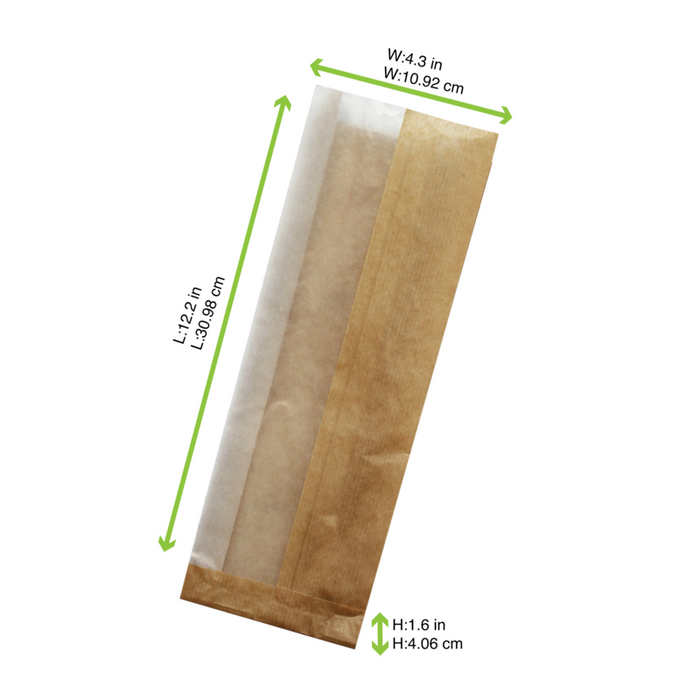 Sac sandwich brun en papier kraft à fenêtre cristal et 4 cm de soufflet 110x40mm H310mm-1000Pcs