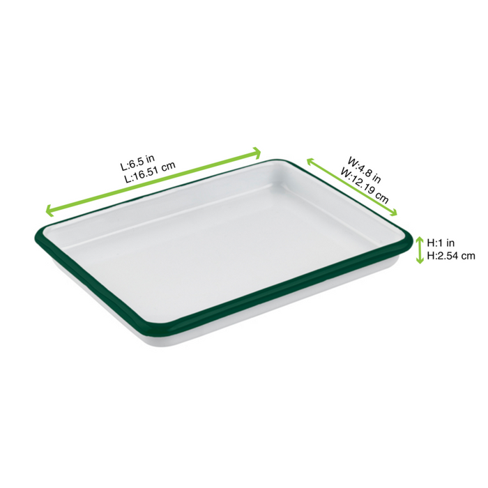 Plateau Enamel blanc en acier émaillé à bord vert  165x122mm H25mm-12Pcs