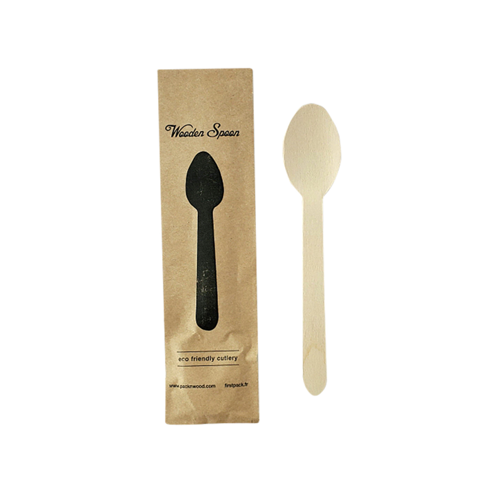 Cuchara de madera con funda de papel kraft A160mm - 50Uds