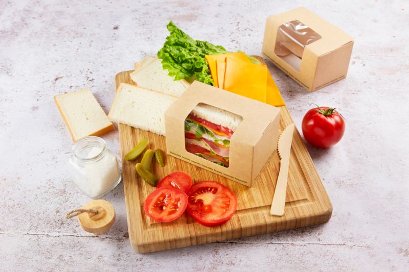 Boite sandwich carton brun fenêtre PLA  125x77mm H72mm - 500Pcs