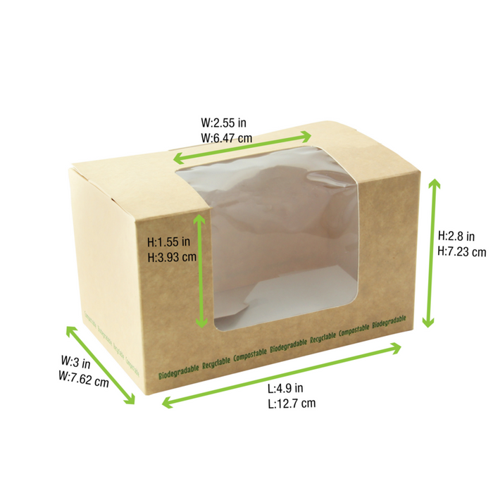 Boite sandwich carton brun fenêtre PLA  125x77mm H72mm - 500Pcs