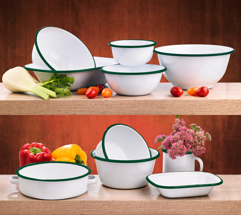 Bol Enamel blanc en acier émaillé  à bord plat et vert   H80mm 1000ml-12Pcs