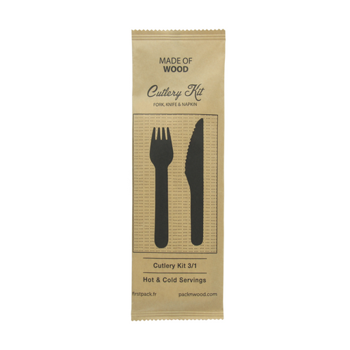 Kit cubiertos de madera 3/1: Cuchillo, tenedor, servilleta con funda kraft A165mm - 50Uds