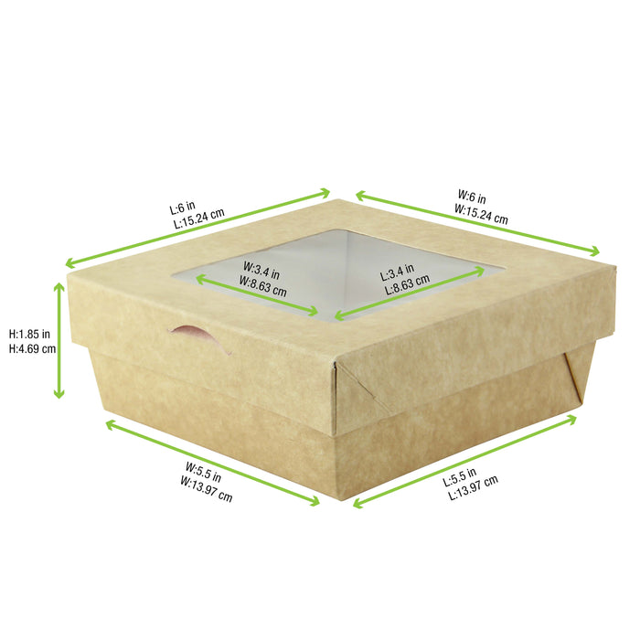 Boite "Kray" carrée carton brun avec couvercle à fenêtre  155x155mm H50mm 700ml - 100Pcs