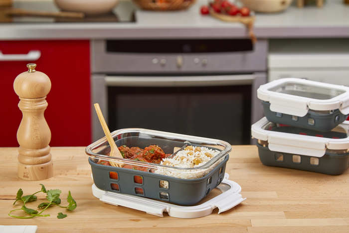 Combo boite rectangulaire en verre+couv transparent+protection silicone 170x125mm H53mm 660ml-24Pcs