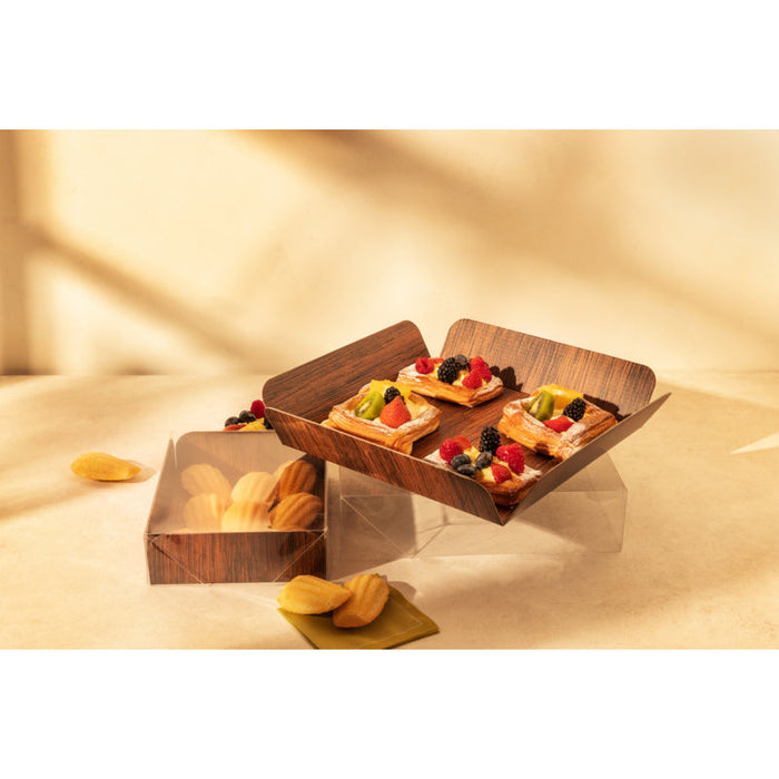 Rectangle rainé carton, décor bois 2 faces + couv. Pet  152,4x203,2mm H50,8mm-100Pcs