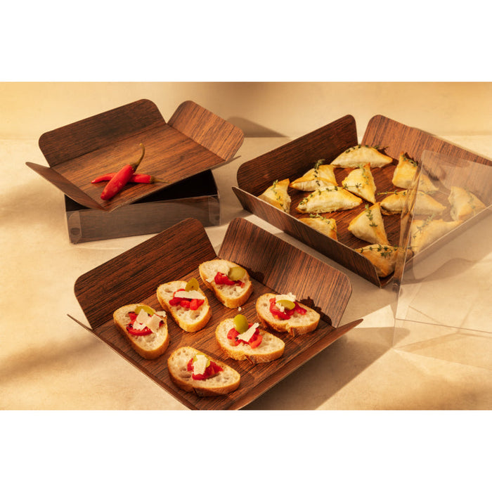 Carré rainé carton décor bois double face+Couv. PET  254x254mm H63,5mm-100Pcs