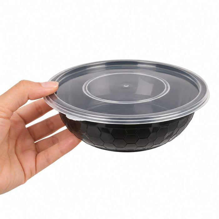 Bol plastique PP rond noir avec couvercle transparent   H53mm 720ml-150Pcs
