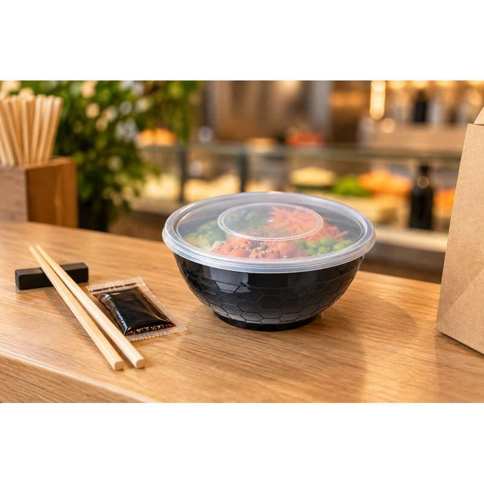 Bol plastique PP rond noir avec couvercle transparent   H59mm 200ml-500Pcs