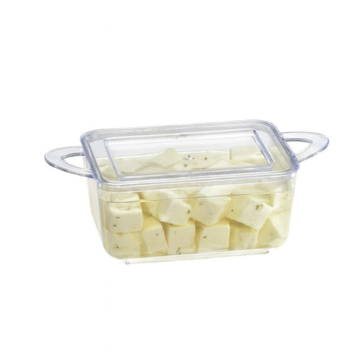 Mise en bouche plastique PS vert rectangulaire transparente avec anses et couvercle "Loukià"  96x50mm H35mm 75ml-576Pcs