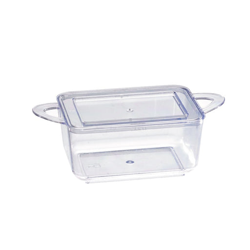 Mise en bouche plastique PS vert rectangulaire transparente avec anses et couvercle "Loukià"  96x50mm H35mm 75ml-576Pcs