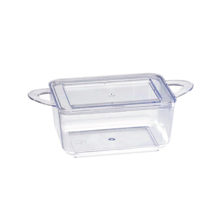 Mise en bouche plastique PS vert rectangulaire transparente avec anses et couvercle "Loukià"  96x50mm H35mm 75ml-576Pcs