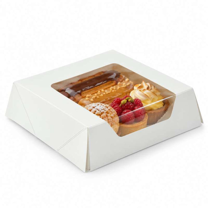 Boîte pâtissière carton blanc avec couvercle attaché à fenêtre 140x140mm H40mm - 180Pcs