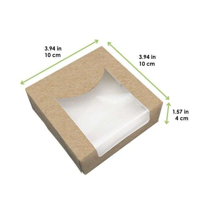 Boite pâtissière carton brun avec couvercle attaché à fenêtre PLA  100x100mm H40mm - 500Pcs