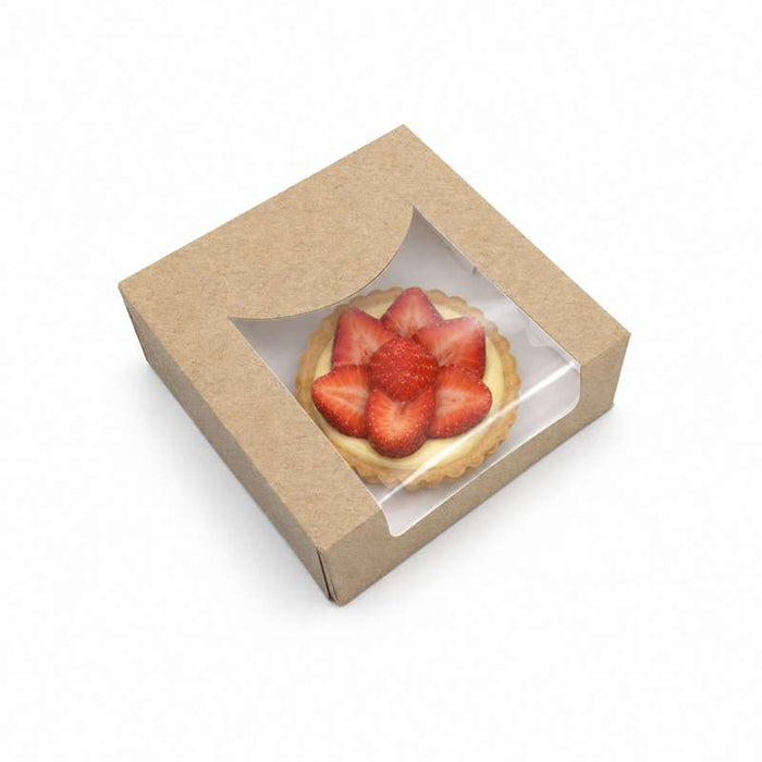 Boite pâtissière carton brun avec couvercle attaché à fenêtre PLA  100x100mm H40mm - 500Pcs