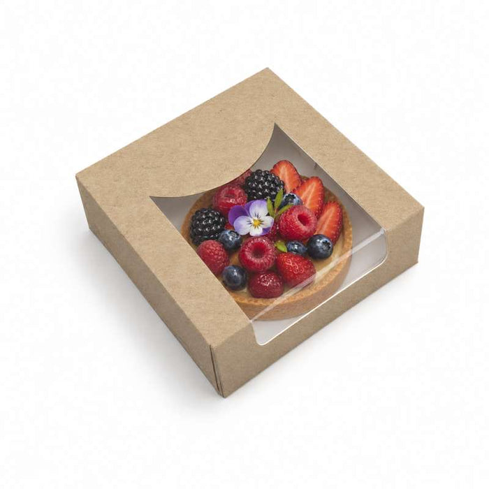 Boite pâtissière carton brun avec couvercle attaché à fenêtre PLA  120x120mm H50mm - 500Pcs