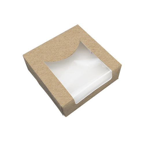 Boite pâtissière carton brun avec couvercle attaché à fenêtre PLA  120x120mm H50mm - 500Pcs