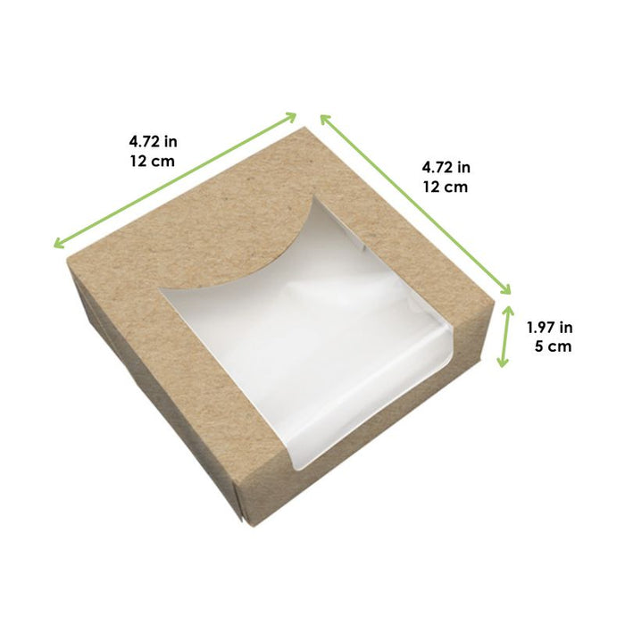 Boite pâtissière carton brun avec couvercle attaché à fenêtre PLA  120x120mm H50mm - 500Pcs