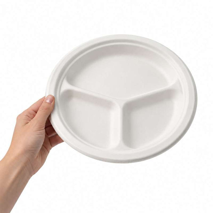 Assiette ronde blanche en pulpe 3 compartiments   H26mm-500Pcs
