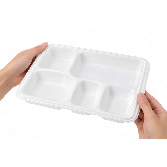 Plateau repas 5 compartiments en pulpe blanc avec couvercle 282x220mm H37,5mm - 200Pcs