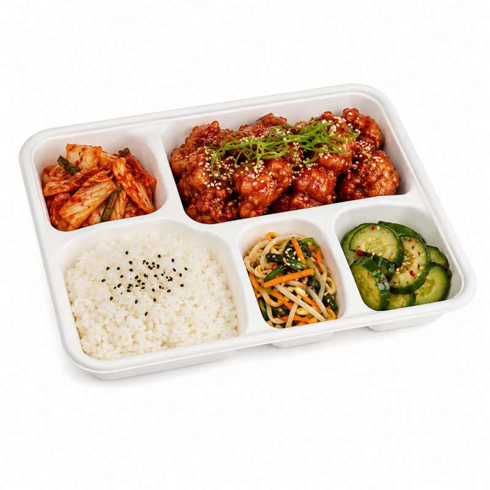 Plateau repas 5 compartiments en pulpe blanc avec couvercle 282x220mm H37,5mm - 200Pcs