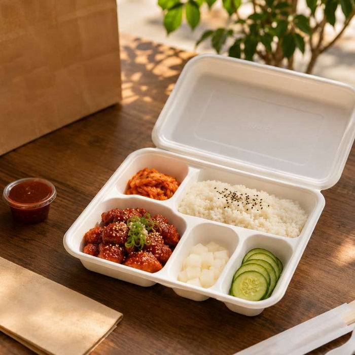 Plateau repas 5 compartiments en pulpe blanc avec couvercle 282x220mm H37,5mm - 200Pcs