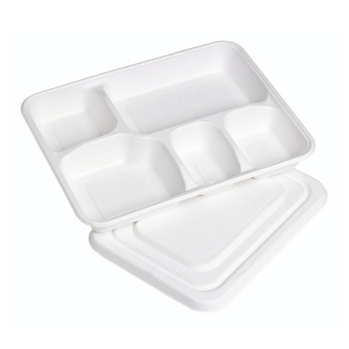 Plateau repas 5 compartiments en pulpe blanc avec couvercle 282x220mm H37,5mm - 200Pcs