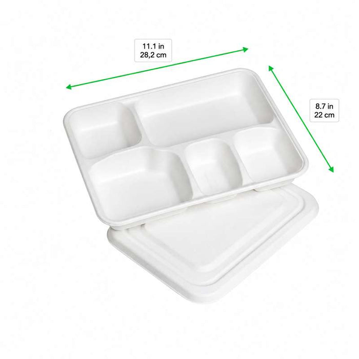 Plateau repas 5 compartiments en pulpe blanc avec couvercle 282x220mm H37,5mm - 200Pcs