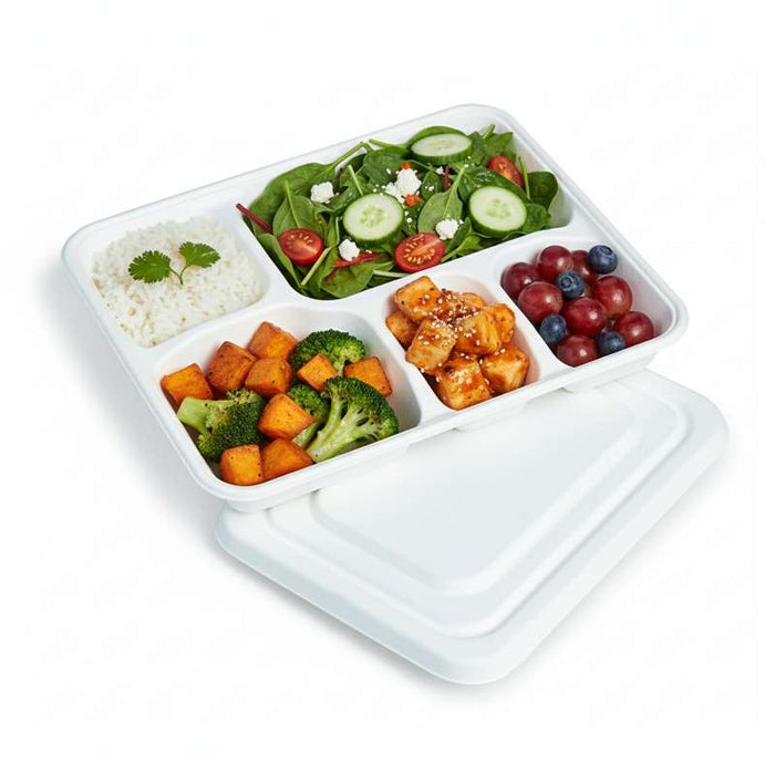 Plateau repas 5 compartiments en pulpe blanc avec couvercle 282x220mm H37,5mm - 200Pcs