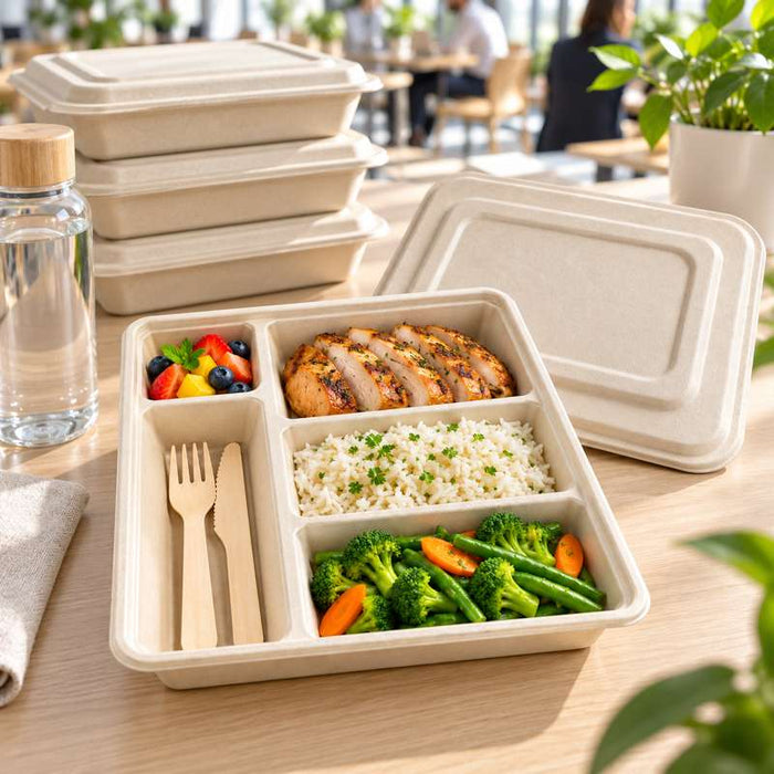 Couvercle en pulpe pour plateau repas à 5 compartiments 286x225mm H14,5mm - 200Pcs