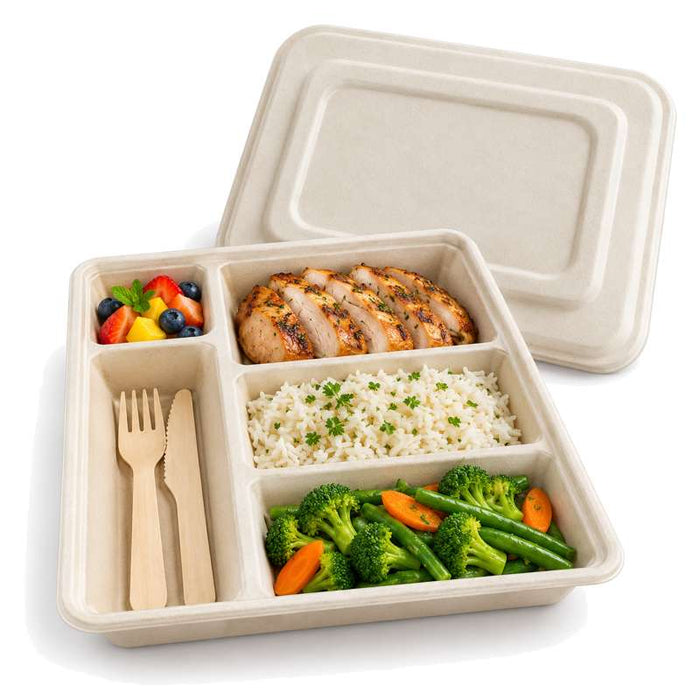 Couvercle en pulpe pour plateau repas à 5 compartiments 286x225mm H14,5mm - 200Pcs