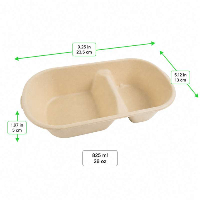 Boîte en pulpe brune rectangulaire à 2 compartiments 235x130mm H50mm 850ml - 300Pcs