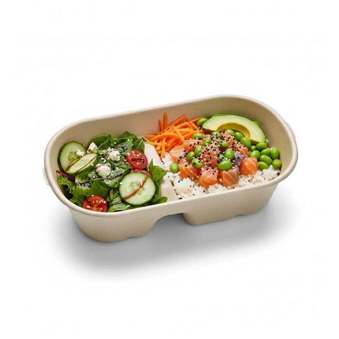 Boîte repas brune en pulpe rectangulaire à 2 compartiments 235x130mm H60mm 1000ml - 300Pcs