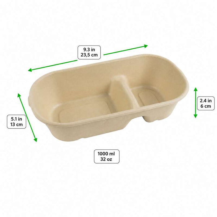 Boîte repas brune en pulpe rectangulaire à 2 compartiments 235x130mm H60mm 1000ml - 300Pcs