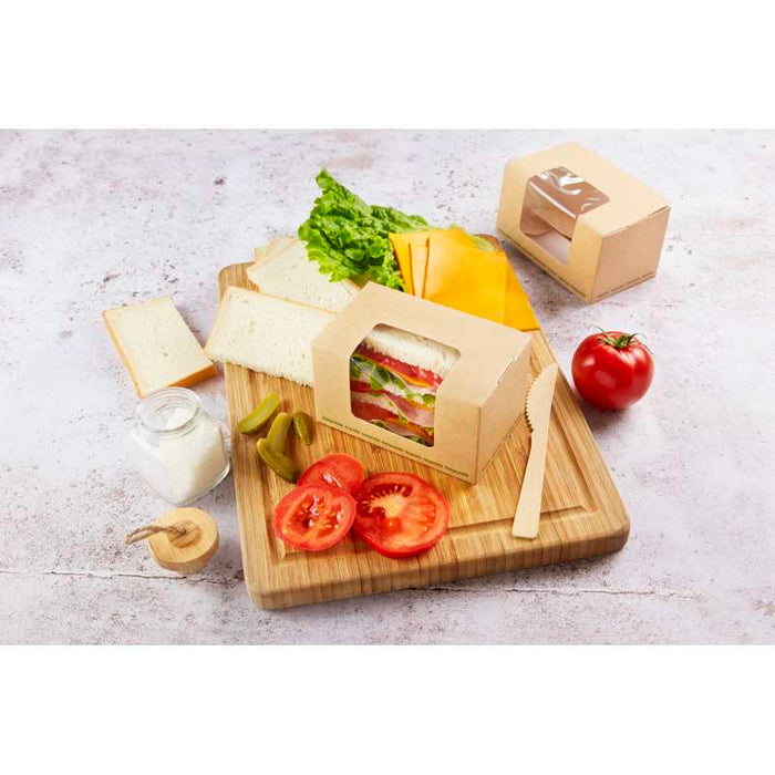 Boite sandwich carton brun fenêtre PLA  125x77mm H72mm - 500Pcs