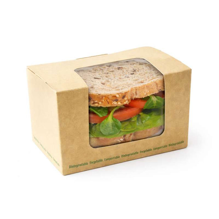 Boite sandwich carton brun fenêtre PLA  125x77mm H72mm - 500Pcs