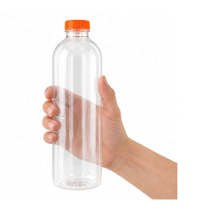 Bouteille transparente en plastique RPET avec bouchon attaché orange   H240mm 1000ml-74Pcs