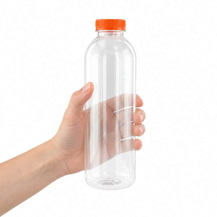 Bouteille ronde transparente en RPET à bouchon orange attaché Ø68mm H187mm 500ml - 150Pcs
