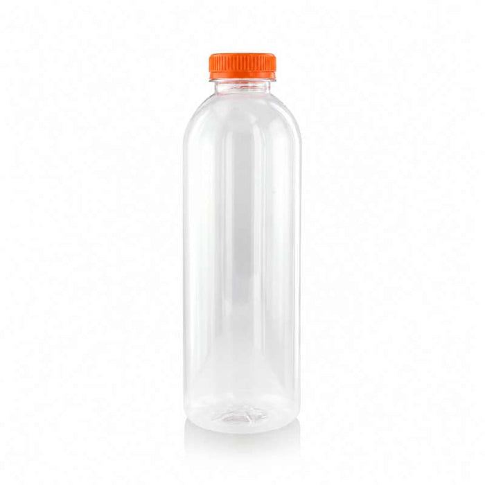 Bouteille ronde transparente en RPET à bouchon orange attaché Ø68mm H187mm 500ml - 150Pcs