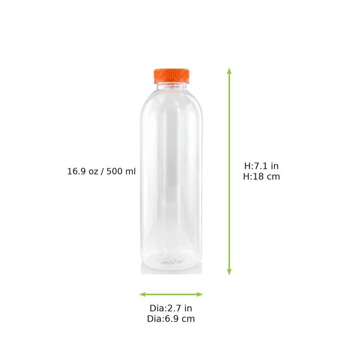 Bouteille ronde transparente en RPET à bouchon orange attaché Ø68mm H187mm 500ml - 150Pcs