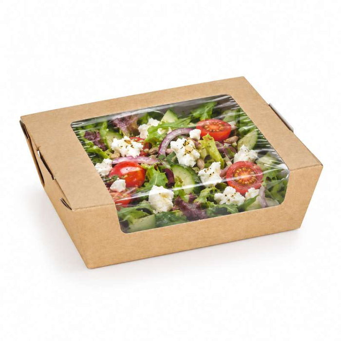 Boîte à salade kraft brune avec fenêtre 135x115mm H40mm 500ml - 100Pcs