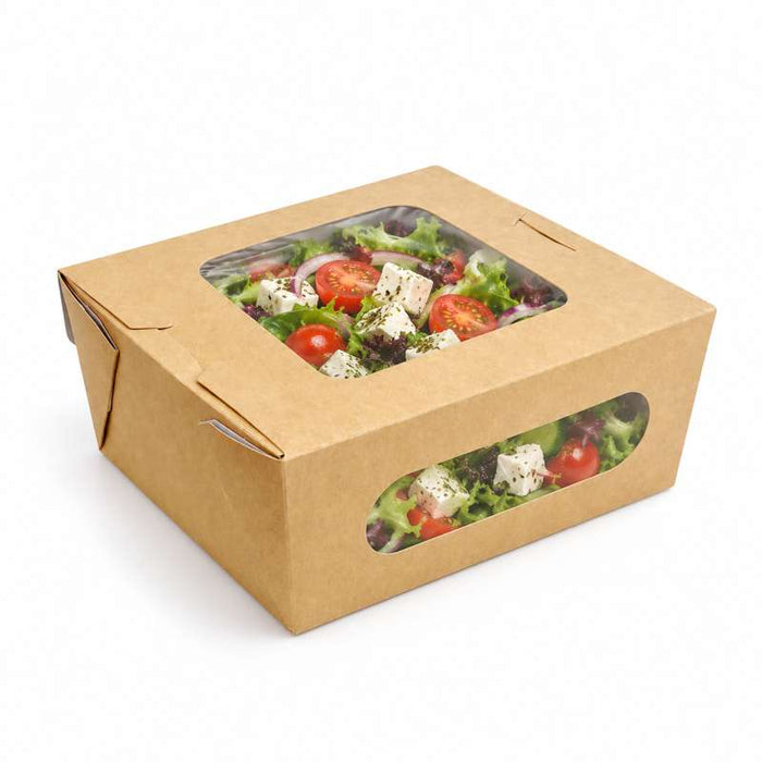 Boîte salade carton kraft brun à double fenêtre 159x138mm H65mm 1250ml-210Pcs