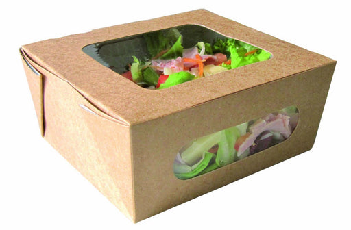 Boîte salade carton kraft brun à double fenêtre 159x138mm H65mm 1250ml-210Pcs