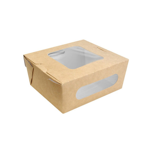 Boîte salade carton kraft brun à double fenêtre 159x138mm H65mm 1250ml-210Pcs
