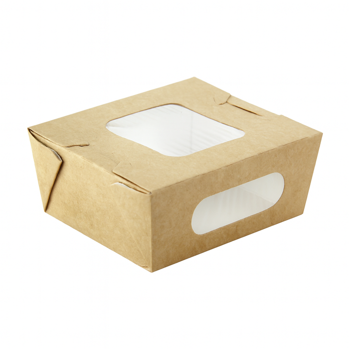 Boîte salade carton kraft brun à double fenêtre 98x115mm H45mm 400ml-360Pcs