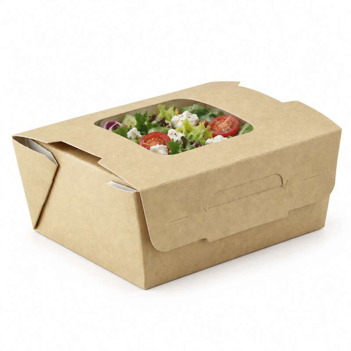 Boîte salade carton kraft brun à double fenêtre 98x115mm H45mm 400ml-360Pcs
