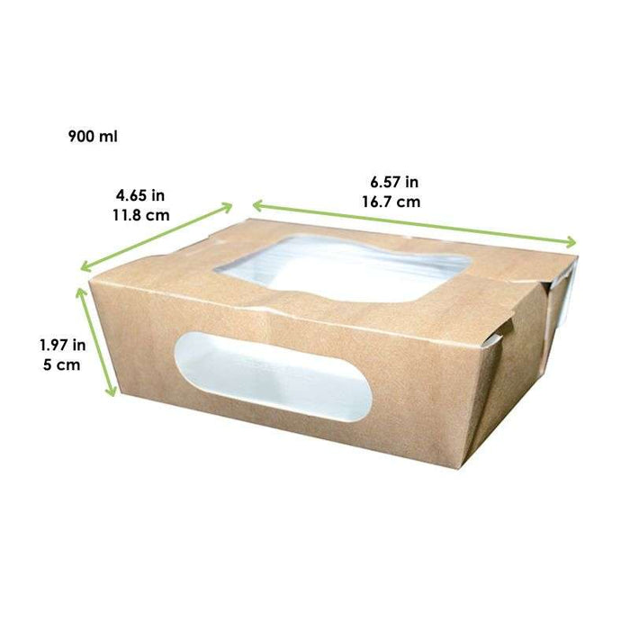 Boîte salade carton kraft brun à double fenêtre 167x118mm H50mm 900ml-270Pcs
