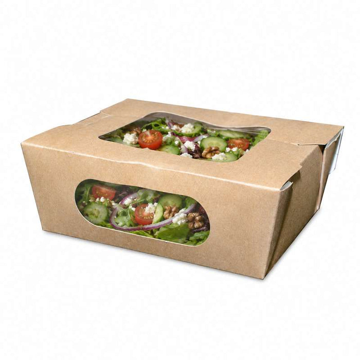 Boîte salade carton kraft brun à double fenêtre 167x118mm H50mm 900ml-270Pcs
